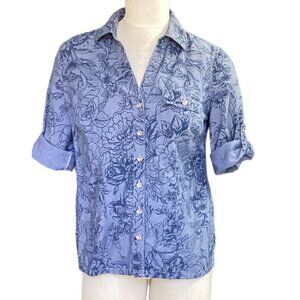 Karen Scott Button-Up Roll Tab Top 100% Cotton Floral Sz S Blue 142C